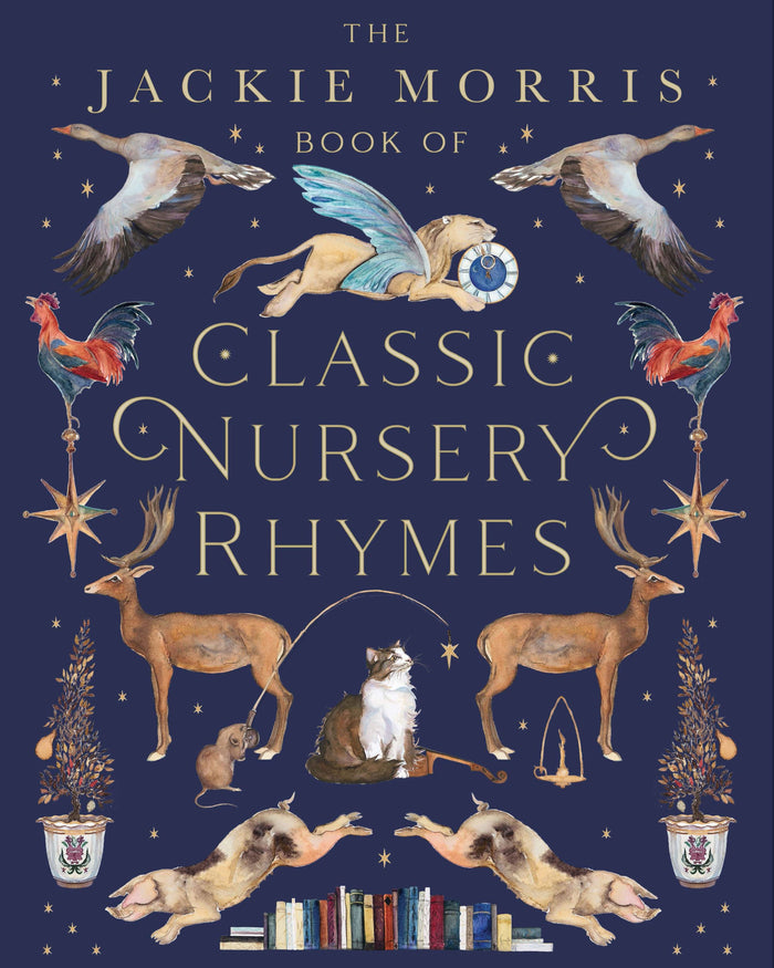 Cover of 'The Jackie Morris Book of Classic Nursery Rhymes' featuring a spiral design with birds, a cat, and various animals amidst stars and planets.