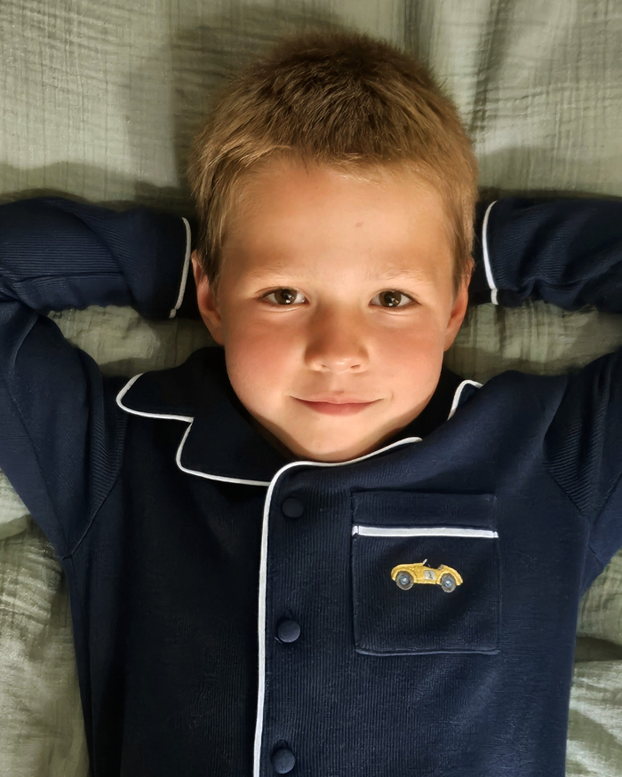 The Little Racer Pima Pyjamas - Luxury Hand-Embroidered Boys' Knitted Pima Cotton Pyjamas