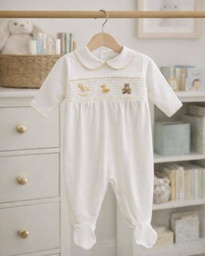 White baby romper with embroidery on a hanger in a nursery setting