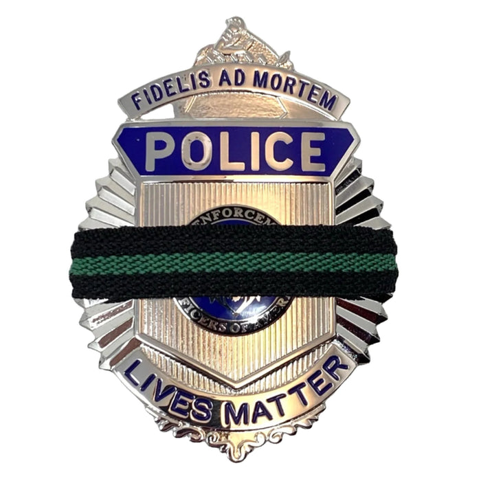 thin green line mourning band by badgeart 1/2 inch  on Police Lives M<atter Fidelis Ad Mortem Faithful onto death badge