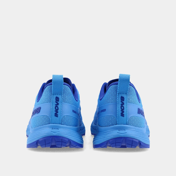 Pair of INOV8 TrailFly Speed V2 trail running shoes, blue, back view