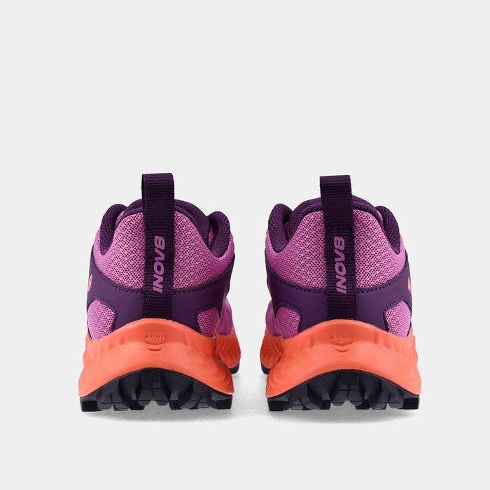 Pair of INOV8 TrailTalon trail running shoes, purple and coral, back view