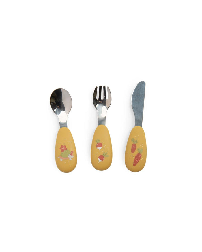 Set of children's cutlery with yellow handles featuring carrot designs on a white background.