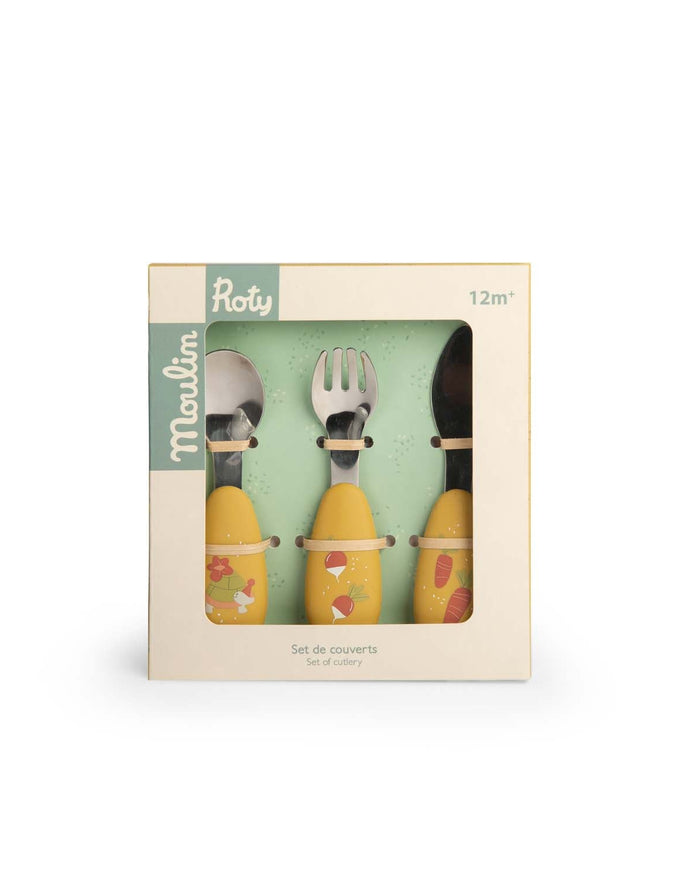 Set of children's cutlery in a Marilin packaging on a white background