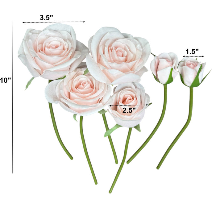 Measurement chart of pink and white artificial roses with dimensions labeled.