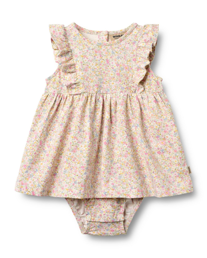 Floral baby dress and bloomers set on a white background