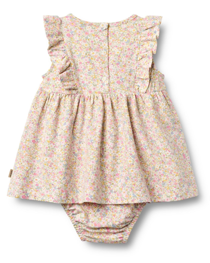Floral baby dress and bloomers set on a white background