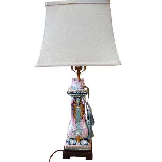 Hand-painted vintage chinoiserie table lamp with turquoise, cobalt blue, blush pink, ivory, and gold detailing, original blue tassels, dark wood base, linen shade, and 28-inch overall height. One-of-a-kind decorative accent lamp from Oh, Meredith.
