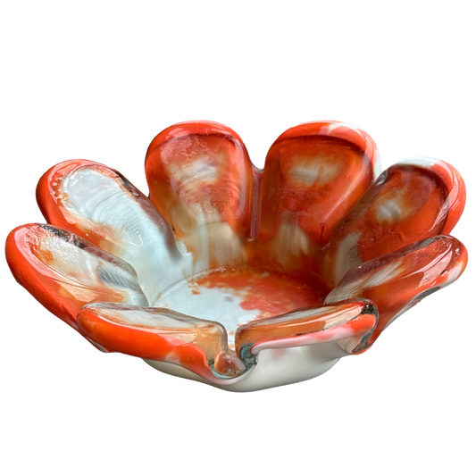 vintage art glass bowl, coral art glass, ruffle glass bowl, vintage glass centerpiece, sculptural glass bowl, colorful glass decor, hand blown glass bowl, vintage orange glass, collectible art glass, decorative glass bowl, coffee table decor, bookshelf styling, vintage home accents, Palm Beach decor, one of a kind vintage
