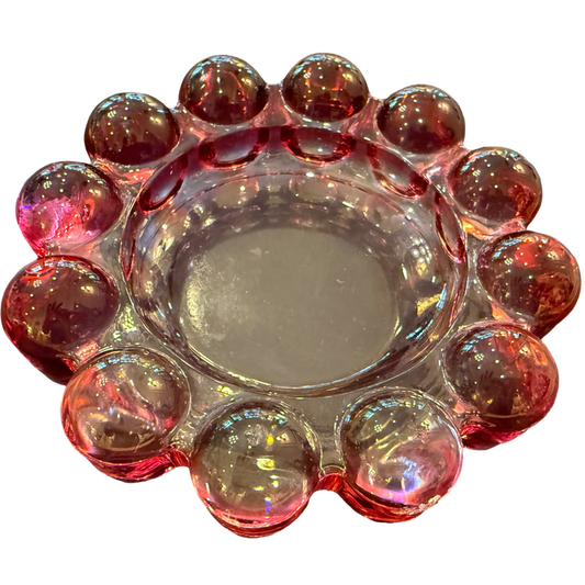 vintage boopie glass, cranberry glass ashtray, pink bubble glass dish, anchor hocking ashtray, vintage catchall dish, retro glass decor, pink glass trinket dish, vintage vanity decor, bubble glass bowl, collectible glass decor, maximalist decor, colorful vintage decor, vintage tabletop styling, boopie bubble glass, one of one vintage