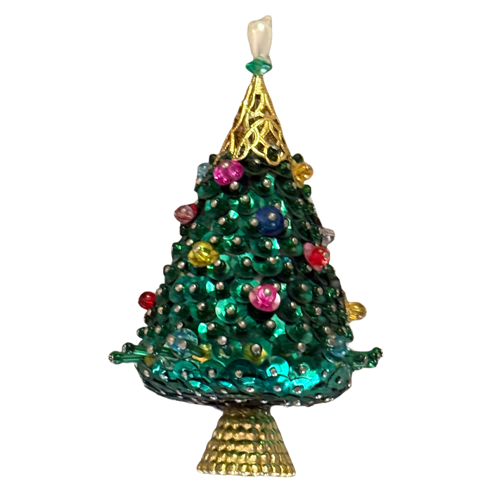Vintage Christmas tree ornament covered in emerald green sequins and multicolored beads, with a gold-tone base and ornate pearl-look-tipped top.