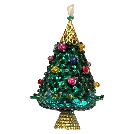 Vintage Christmas tree ornament covered in emerald green sequins and multicolored beads, with a gold-tone base and ornate pearl-look-tipped top.