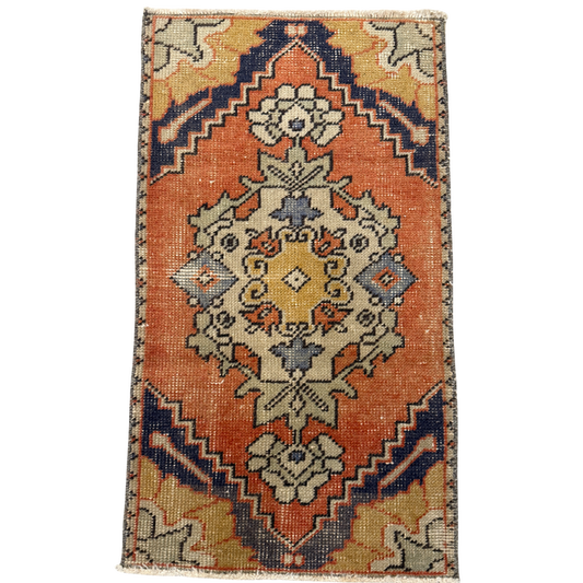 vintage turkish rug mini terracotta rug orange navy blue hand knotted bedside rug entry rug one of a kind ohmeredith ridgeland mississippi