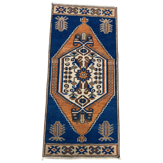 vintage turkish rug, blue turkish rug, cobalt blue rug, mini turkish rug, tribal rug, hand knotted rug, vintage accent rug, small vintage rug, blue and ivory rug, geometric rug, powder room rug, bedside rug, entryway rug, one of a kind rug, handmade turkish rug, collected home decor, cottage style decor, colorful vintage rug, boho home decor, oh meredith vintage rugs