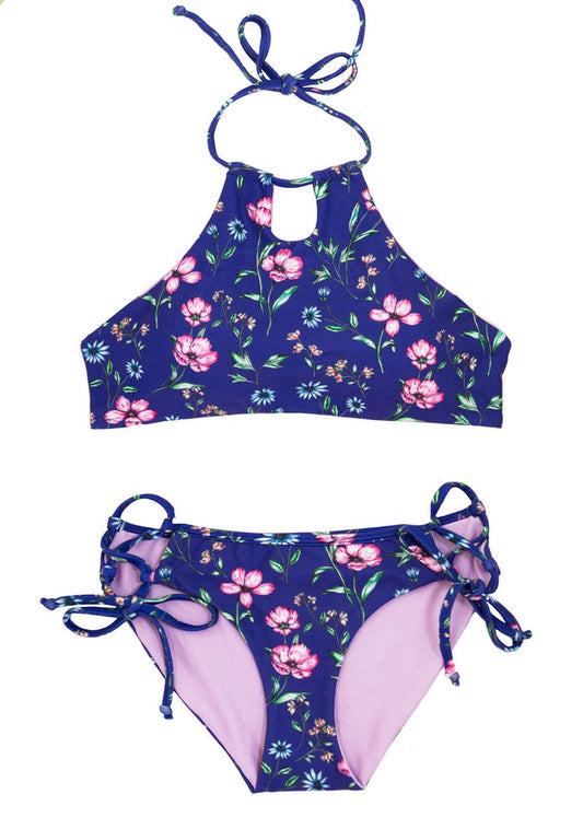 VIOLETTA Bikini - 2 Piece SET for Girls w/HALTER Top 2 Piece Bikini Set with Halter Top Chance Loves Girls 10 Purple Floral