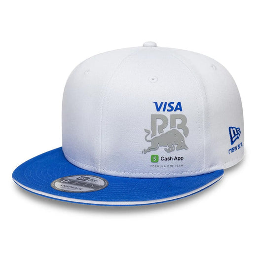 Pictured is this Visa Cash App Racing Bulls Essential 9FIFTY Snapback Adjustable cap in white. 1