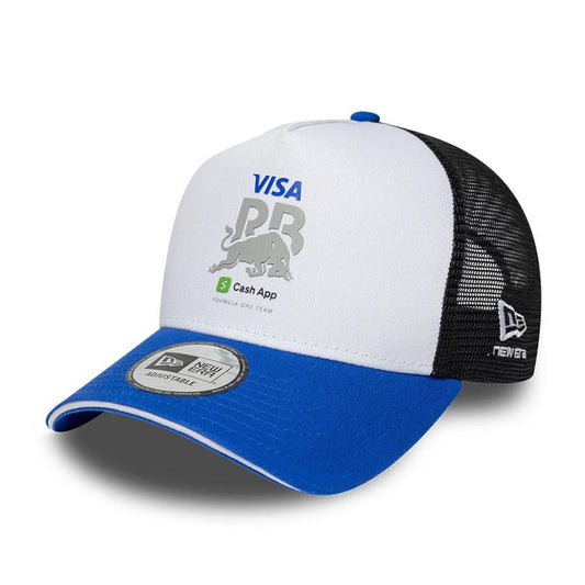 Pictured is this Visa Cash App Racing Bulls Essential 9FORTY A-Frame Trucker Adjustable cap in white. 1