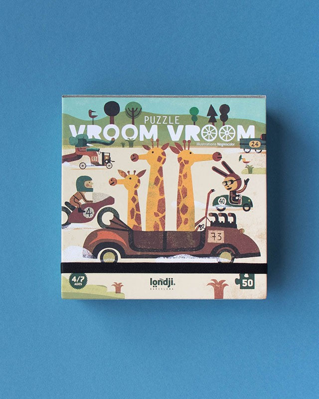 A colorful puzzle box with cartoon animals and vehicles on the front, indicating a children's puzzle with 50 pieces.