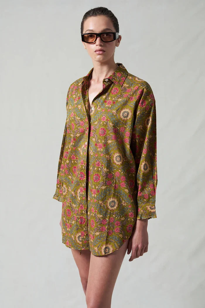 Wildflower Printed Ruffle Short Set Olive Green Loungewear Chan Luu