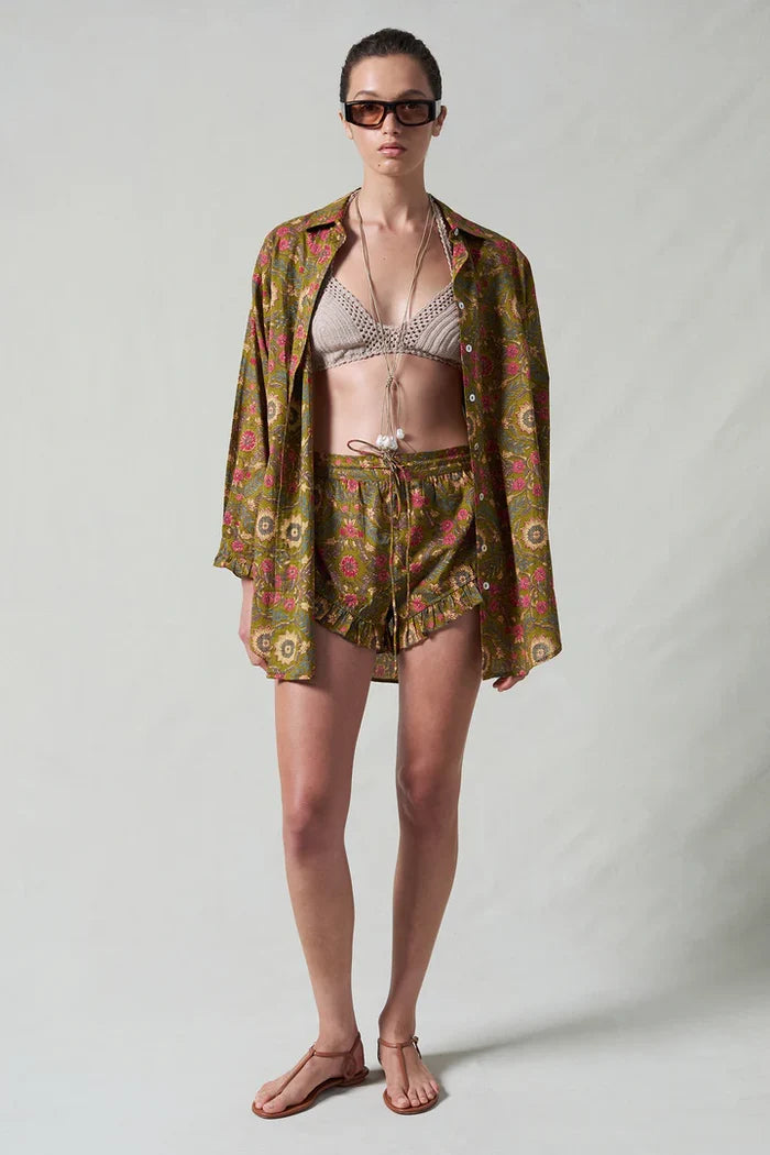 Wildflower Printed Ruffle Short Set Olive Green Loungewear Chan Luu