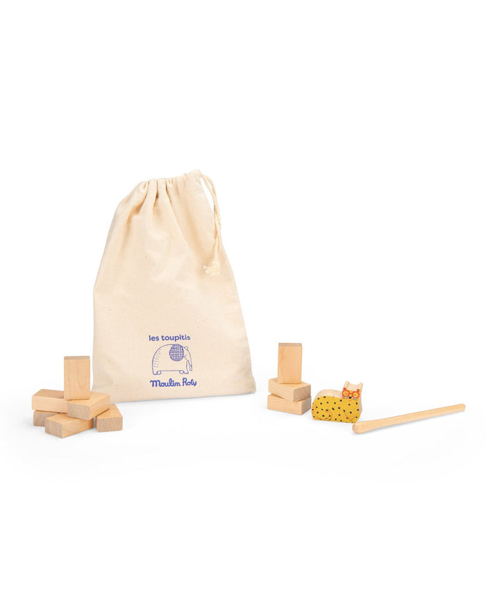 Set of wooden blocks with a drawstring bag on a white background