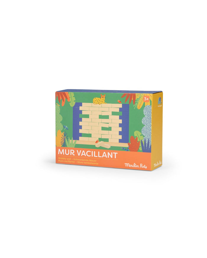Colorful packaging of a wooden toy set named 'Mur Vacillant' on a white background