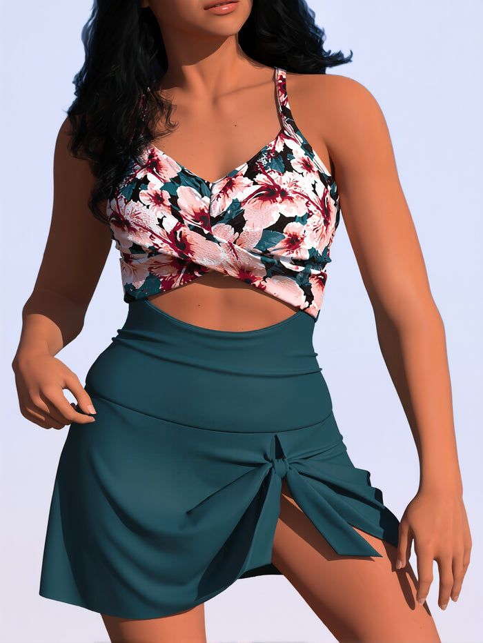 Women's Tankini Swimsuit Tummy Control Two Piece Bathing Suits Flowy Swim Dress with Shorts