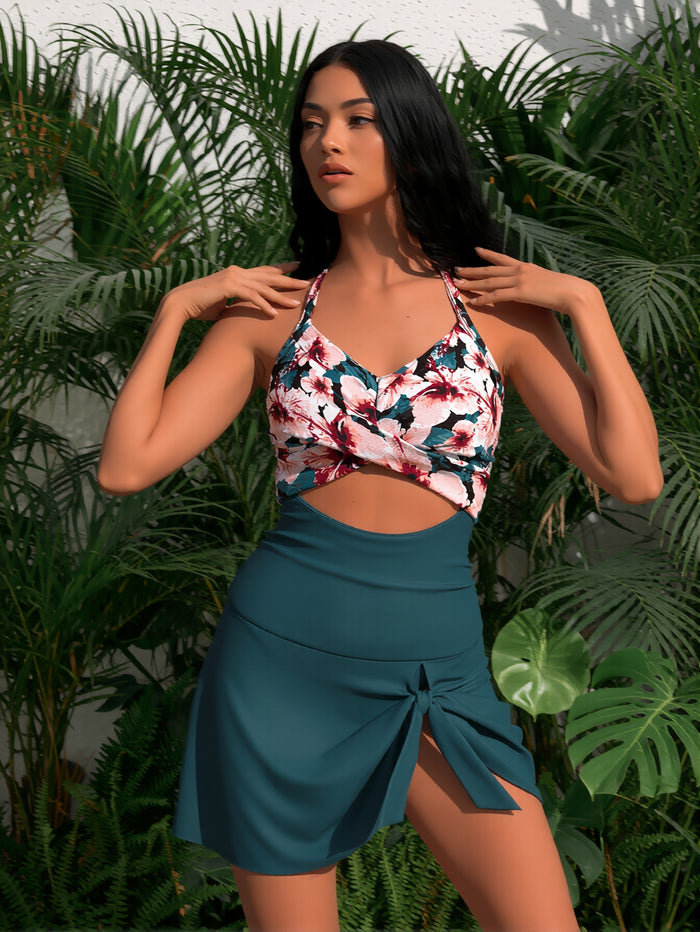 Women's Tankini Swimsuit Tummy Control Two Piece Bathing Suits Flowy Swim Dress with Shorts