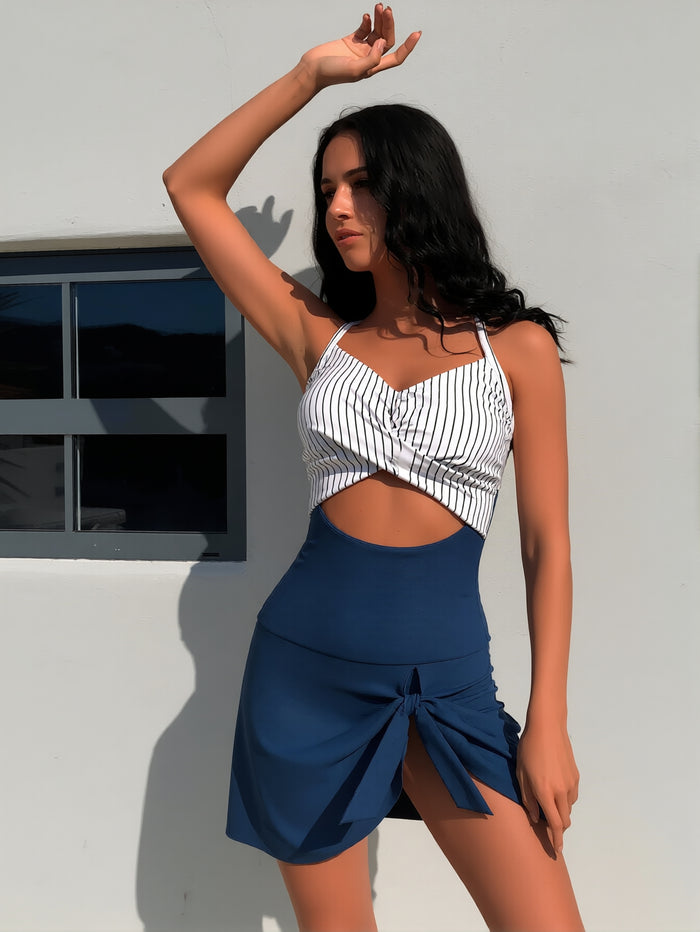 Women's Tankini Swimsuit Tummy Control Two Piece Bathing Suits Flowy Swim Dress with Shorts