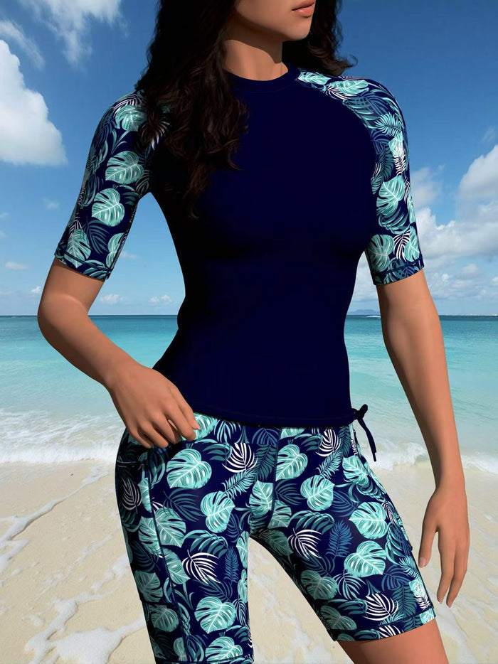 Women's Two Piece Rash Guard Short Sleeve Swim Shirts UPF 50+ Built in Bra Swimsuit with Boyshorts with Pockets