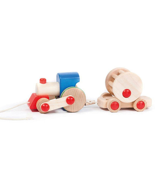 Wooden toy train with a blue engine and red wheels on a white background