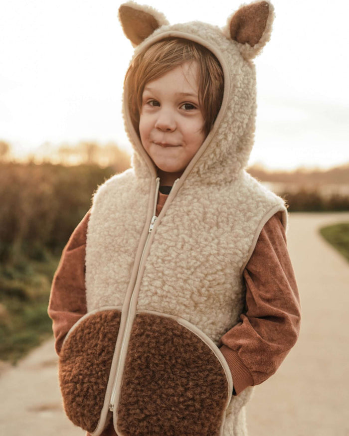 Woollen Bodywarmer - Ovi Beige - Kids Zip Gilet with Ears - 100% Sheep’s Wool – We Are Wovens